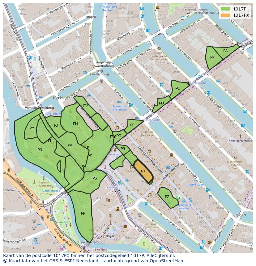 Afbeelding van het postcodegebied 1017 PX op de kaart.