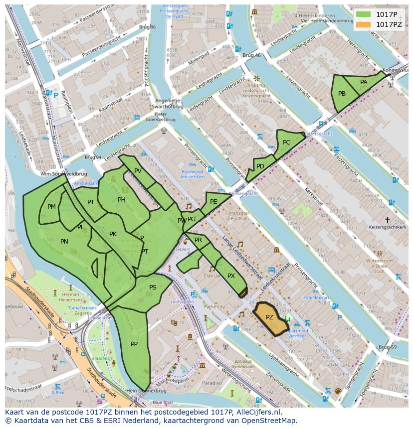 Afbeelding van het postcodegebied 1017 PZ op de kaart.
