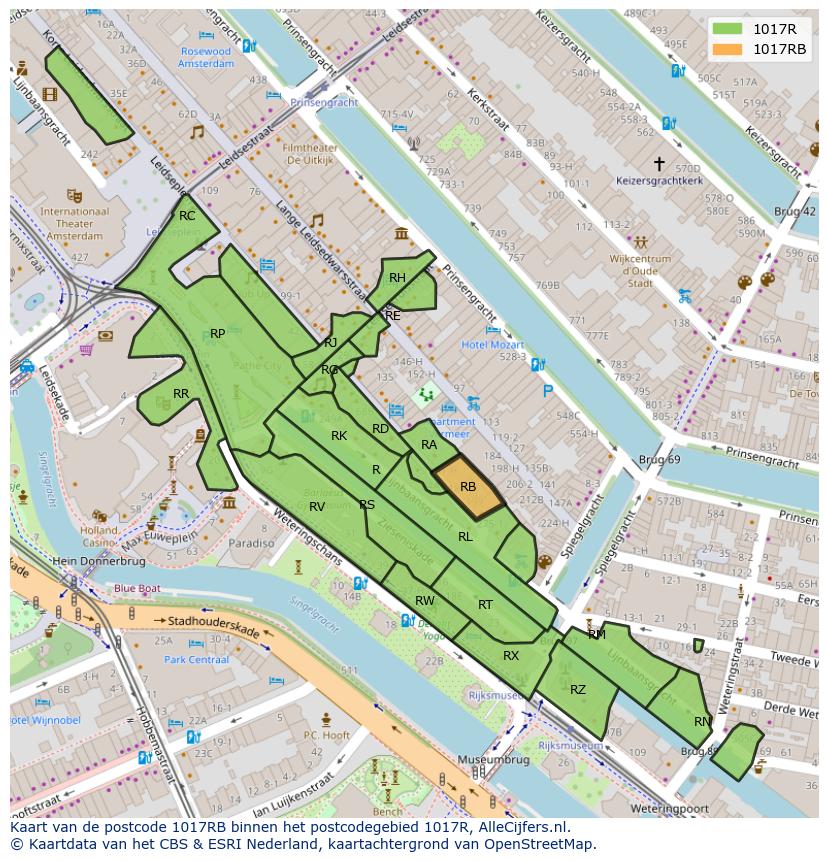 Afbeelding van het postcodegebied 1017 RB op de kaart.