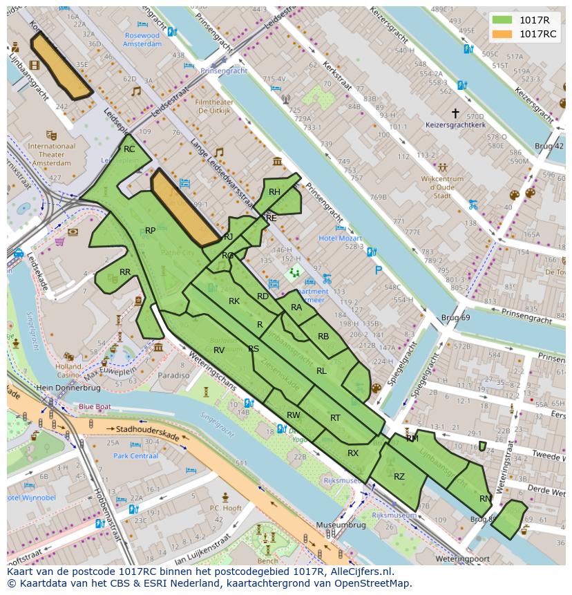 Afbeelding van het postcodegebied 1017 RC op de kaart.