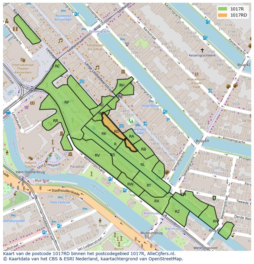 Afbeelding van het postcodegebied 1017 RD op de kaart.