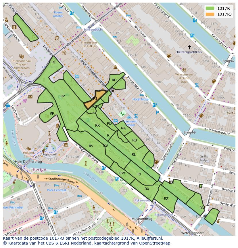 Afbeelding van het postcodegebied 1017 RJ op de kaart.