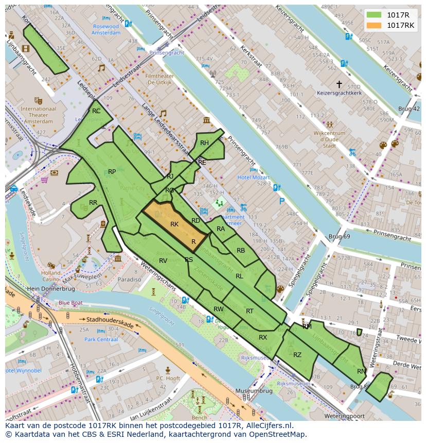 Afbeelding van het postcodegebied 1017 RK op de kaart.