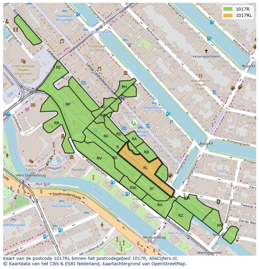 Afbeelding van het postcodegebied 1017 RL op de kaart.