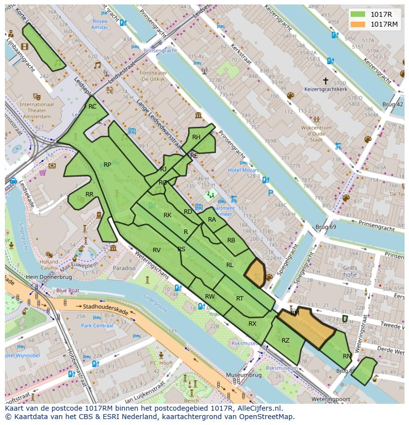 Afbeelding van het postcodegebied 1017 RM op de kaart.