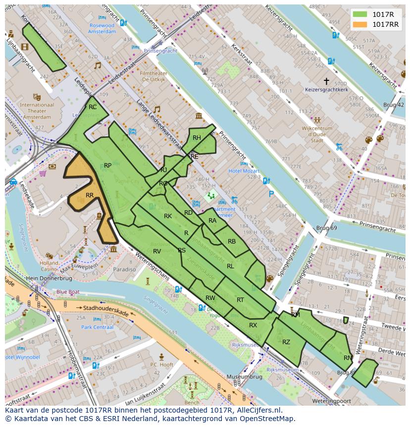 Afbeelding van het postcodegebied 1017 RR op de kaart.