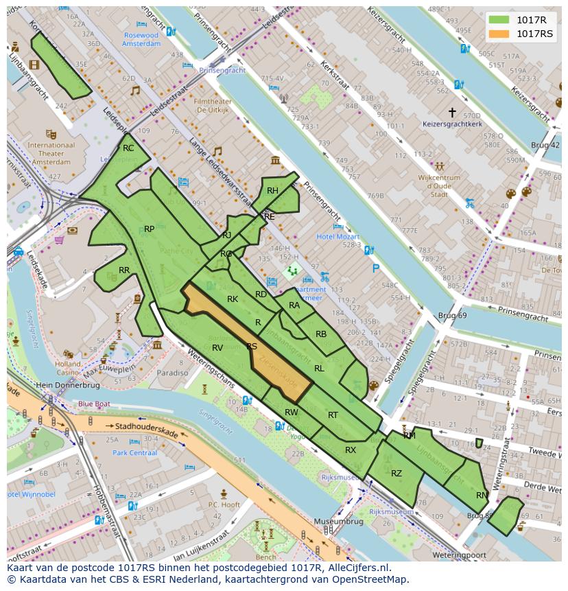 Afbeelding van het postcodegebied 1017 RS op de kaart.