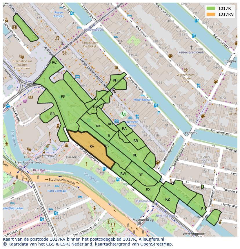 Afbeelding van het postcodegebied 1017 RV op de kaart.