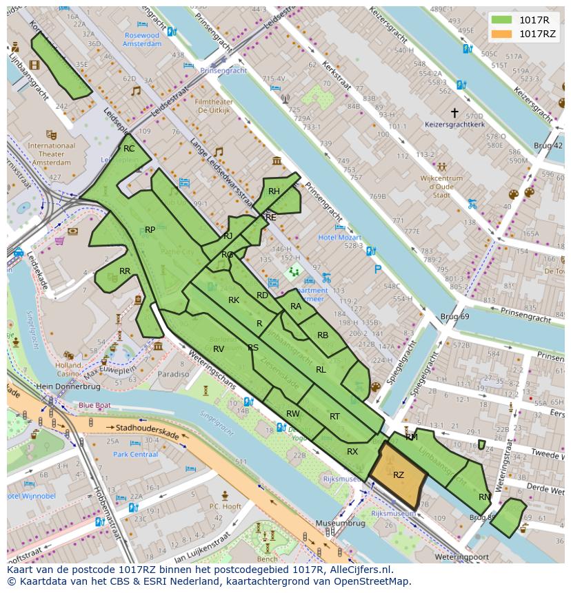 Afbeelding van het postcodegebied 1017 RZ op de kaart.
