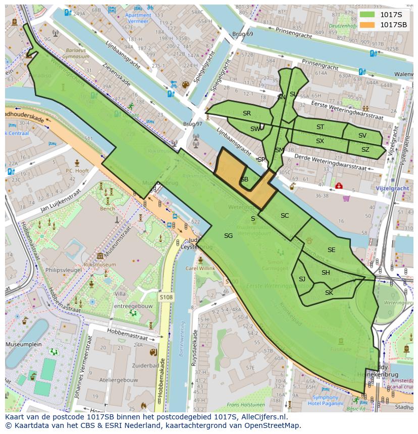 Afbeelding van het postcodegebied 1017 SB op de kaart.