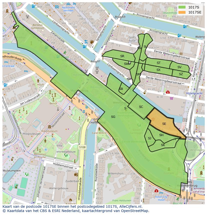 Afbeelding van het postcodegebied 1017 SE op de kaart.