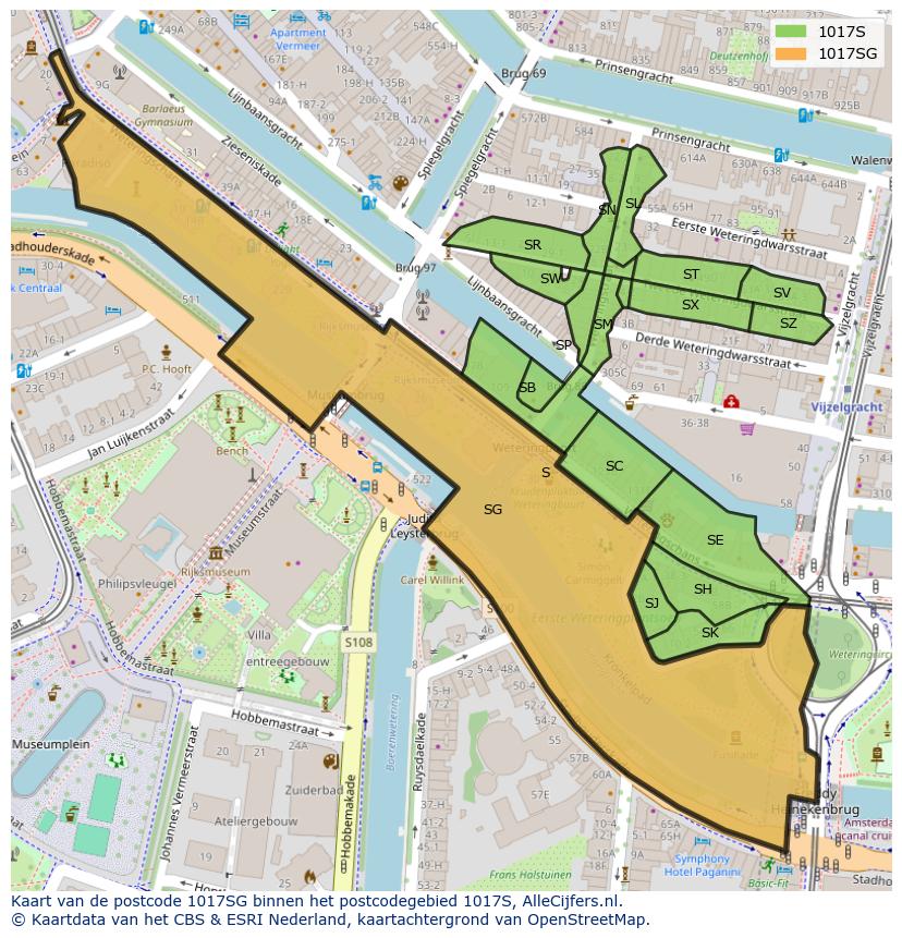 Afbeelding van het postcodegebied 1017 SG op de kaart.