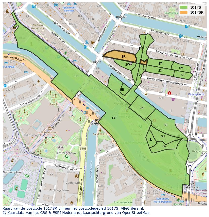 Afbeelding van het postcodegebied 1017 SR op de kaart.