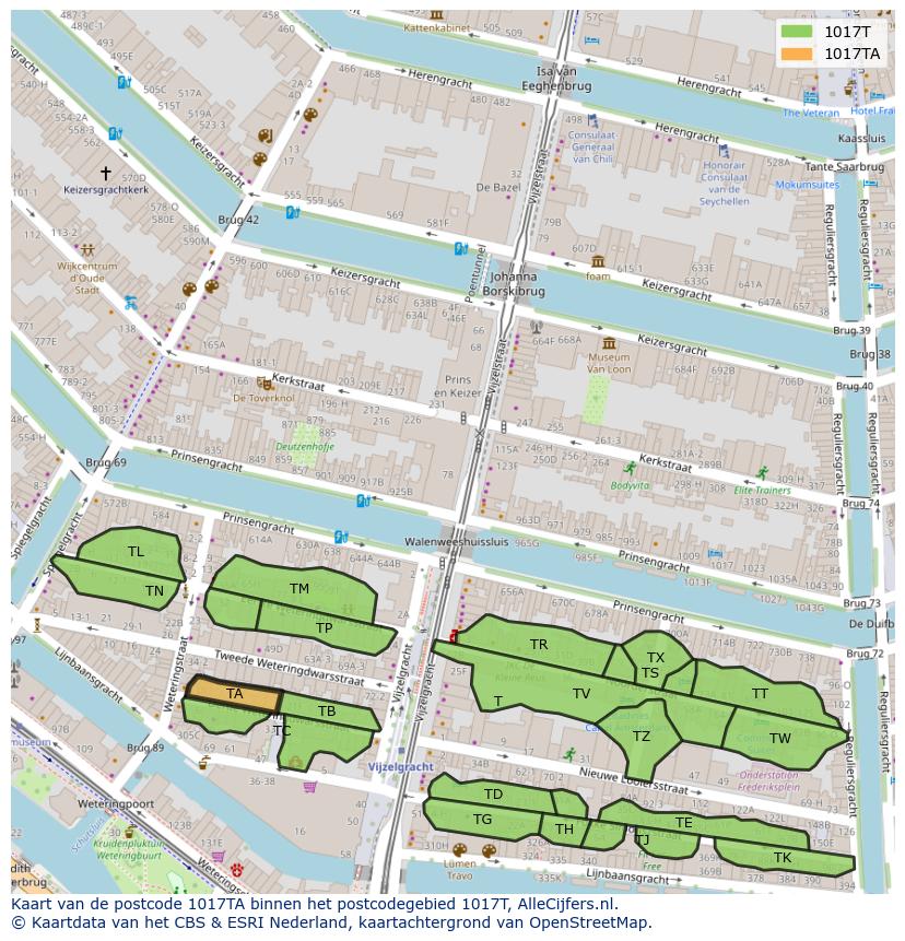 Afbeelding van het postcodegebied 1017 TA op de kaart.