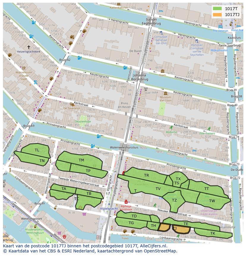 Afbeelding van het postcodegebied 1017 TJ op de kaart.