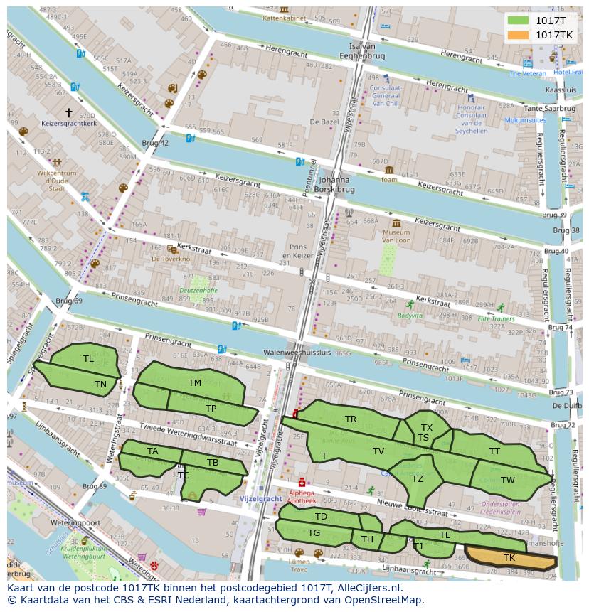 Afbeelding van het postcodegebied 1017 TK op de kaart.