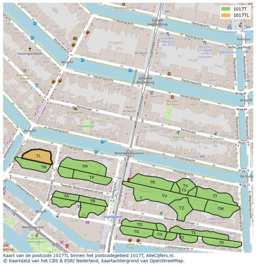 Afbeelding van het postcodegebied 1017 TL op de kaart.