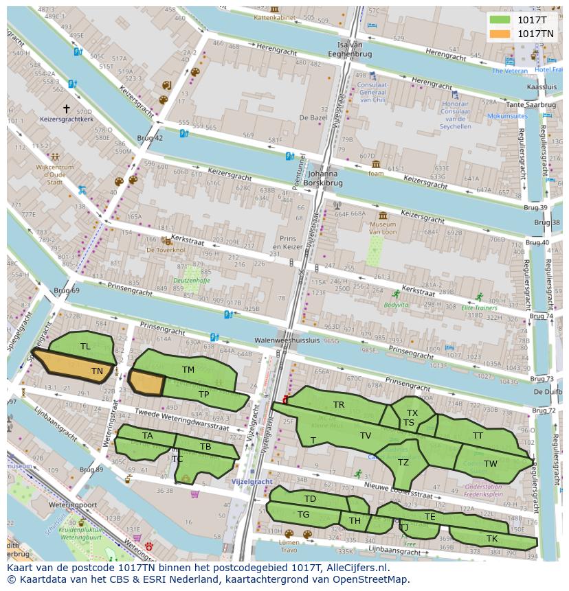 Afbeelding van het postcodegebied 1017 TN op de kaart.