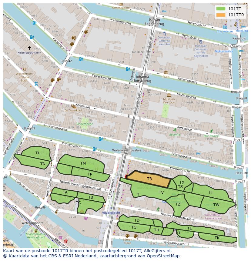 Afbeelding van het postcodegebied 1017 TR op de kaart.