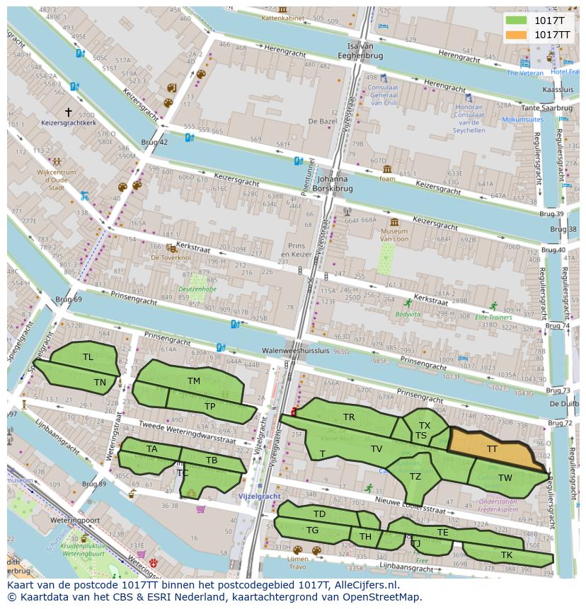 Afbeelding van het postcodegebied 1017 TT op de kaart.