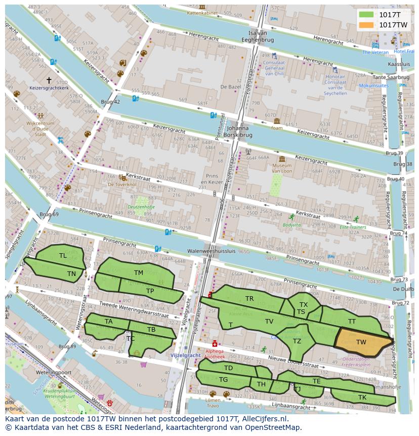 Afbeelding van het postcodegebied 1017 TW op de kaart.