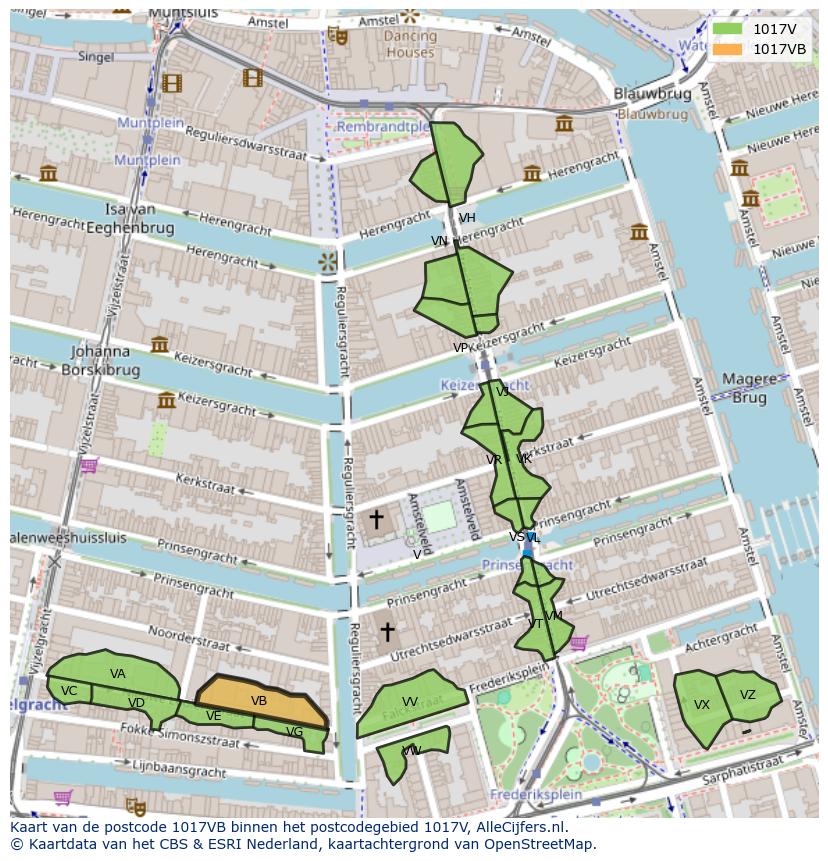 Afbeelding van het postcodegebied 1017 VB op de kaart.