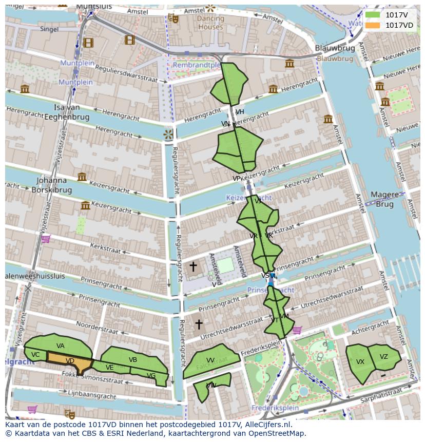 Afbeelding van het postcodegebied 1017 VD op de kaart.