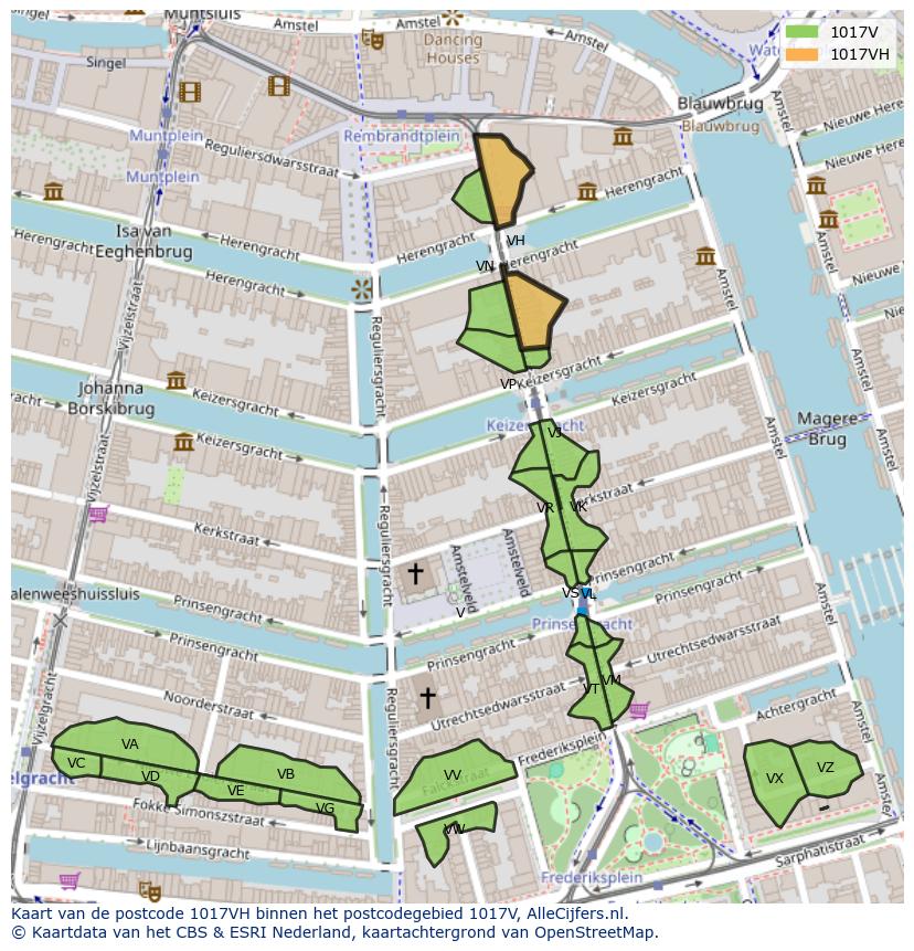 Afbeelding van het postcodegebied 1017 VH op de kaart.
