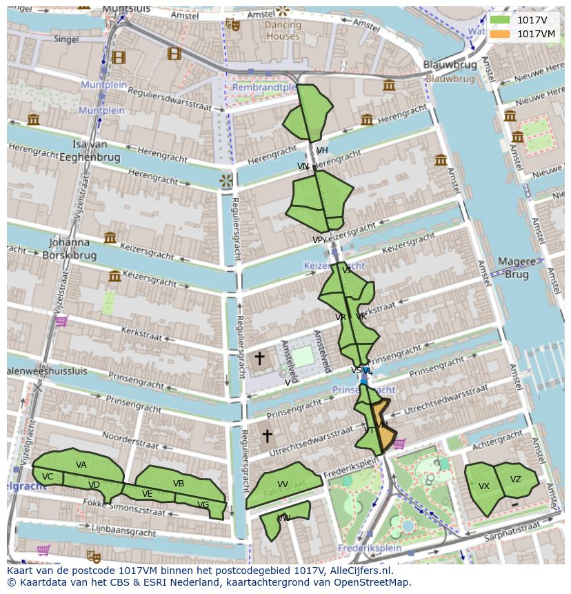 Afbeelding van het postcodegebied 1017 VM op de kaart.
