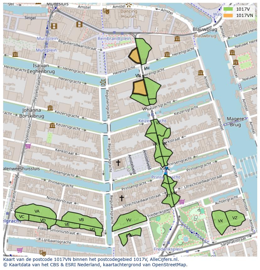 Afbeelding van het postcodegebied 1017 VN op de kaart.