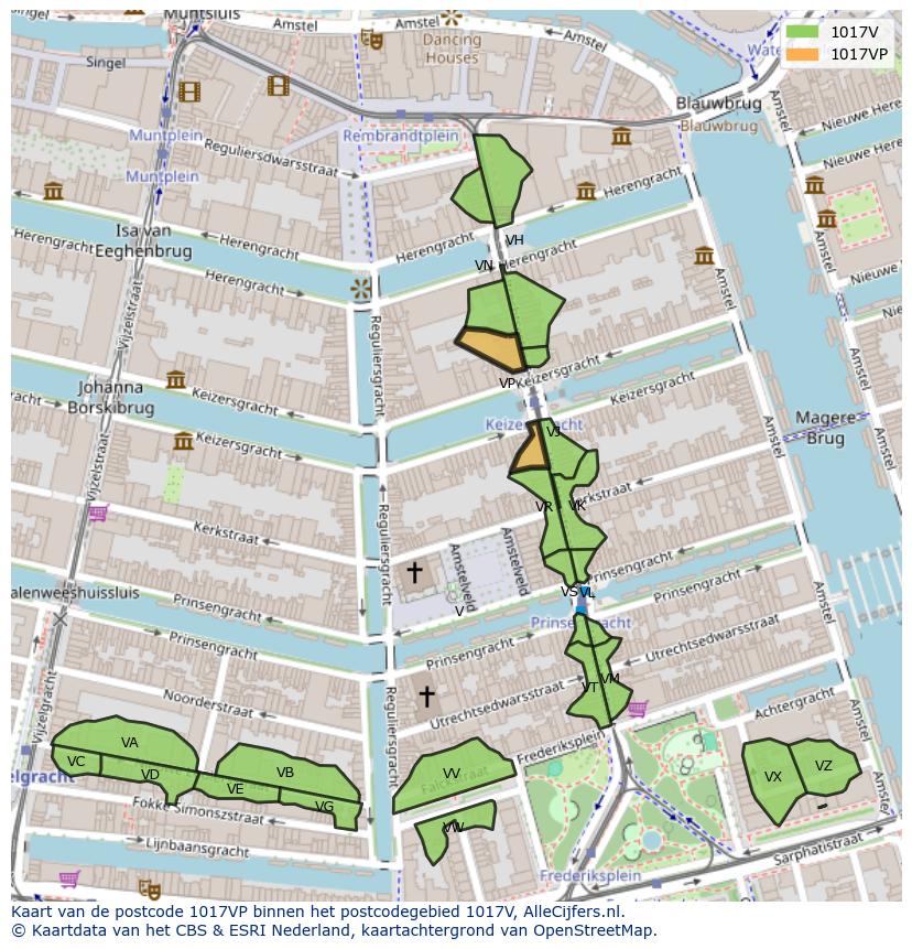 Afbeelding van het postcodegebied 1017 VP op de kaart.