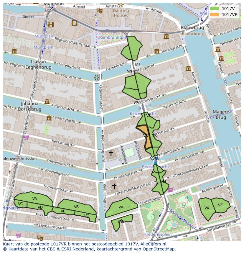 Afbeelding van het postcodegebied 1017 VR op de kaart.