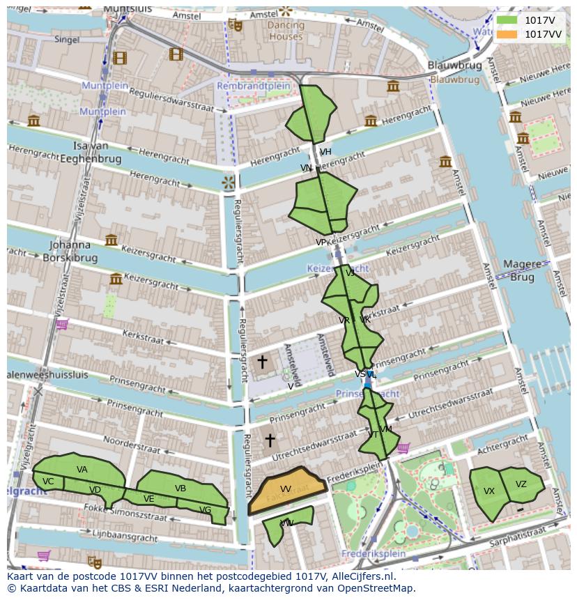 Afbeelding van het postcodegebied 1017 VV op de kaart.