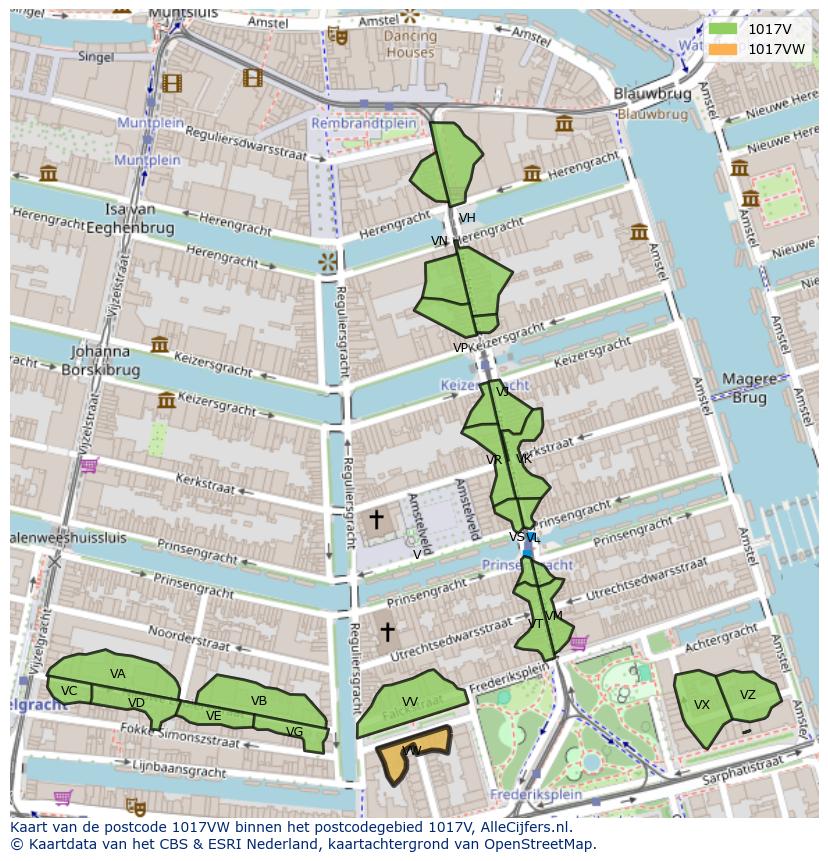 Afbeelding van het postcodegebied 1017 VW op de kaart.