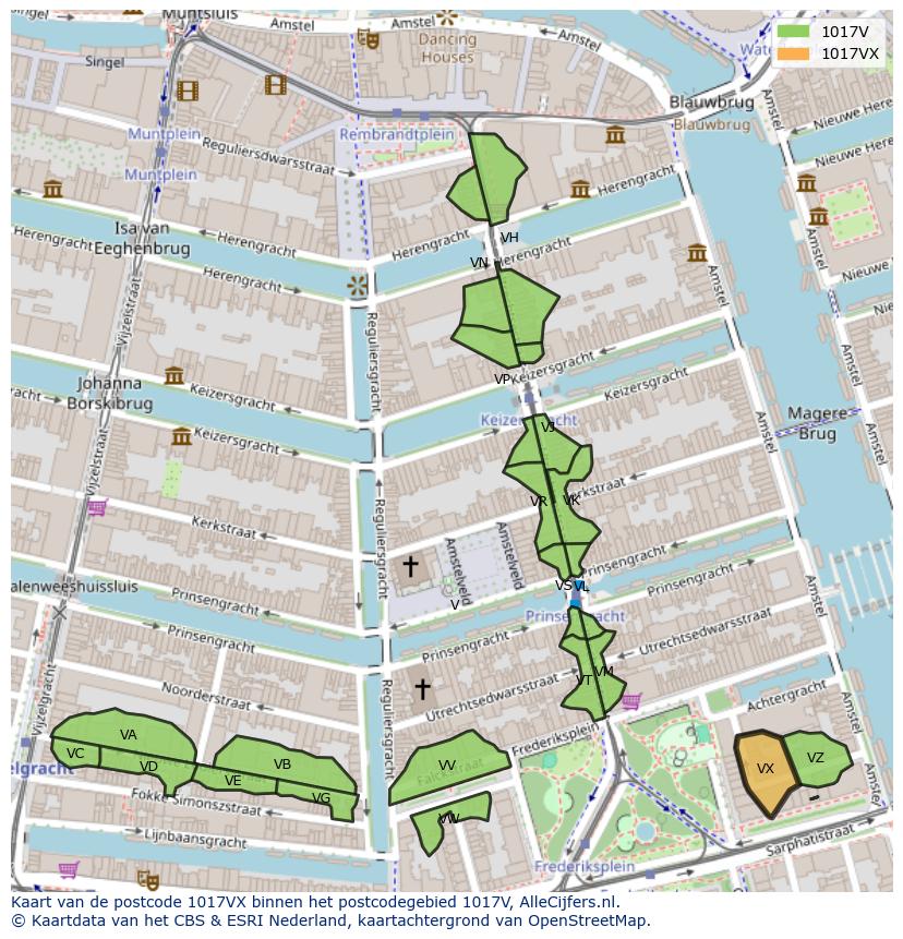 Afbeelding van het postcodegebied 1017 VX op de kaart.