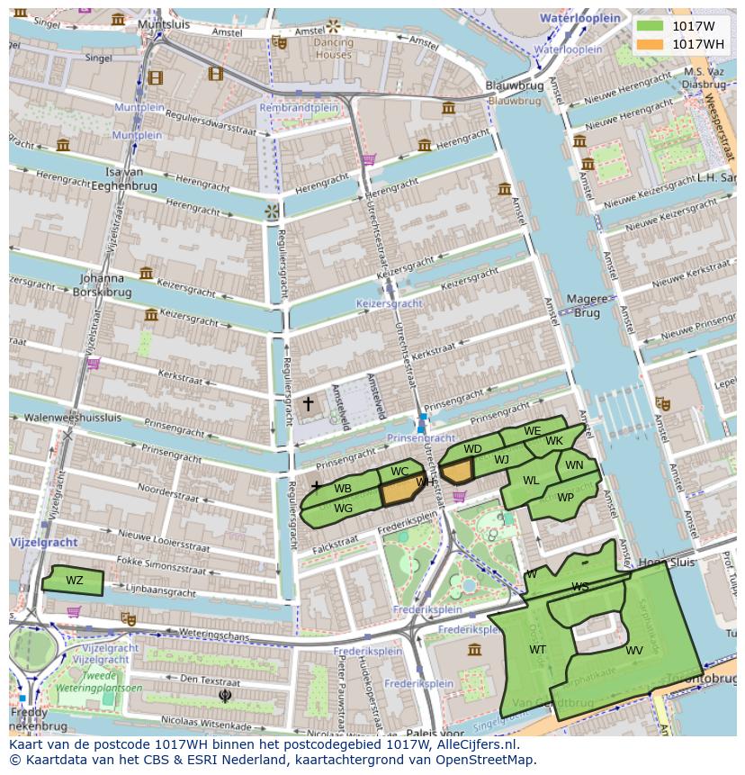 Afbeelding van het postcodegebied 1017 WH op de kaart.