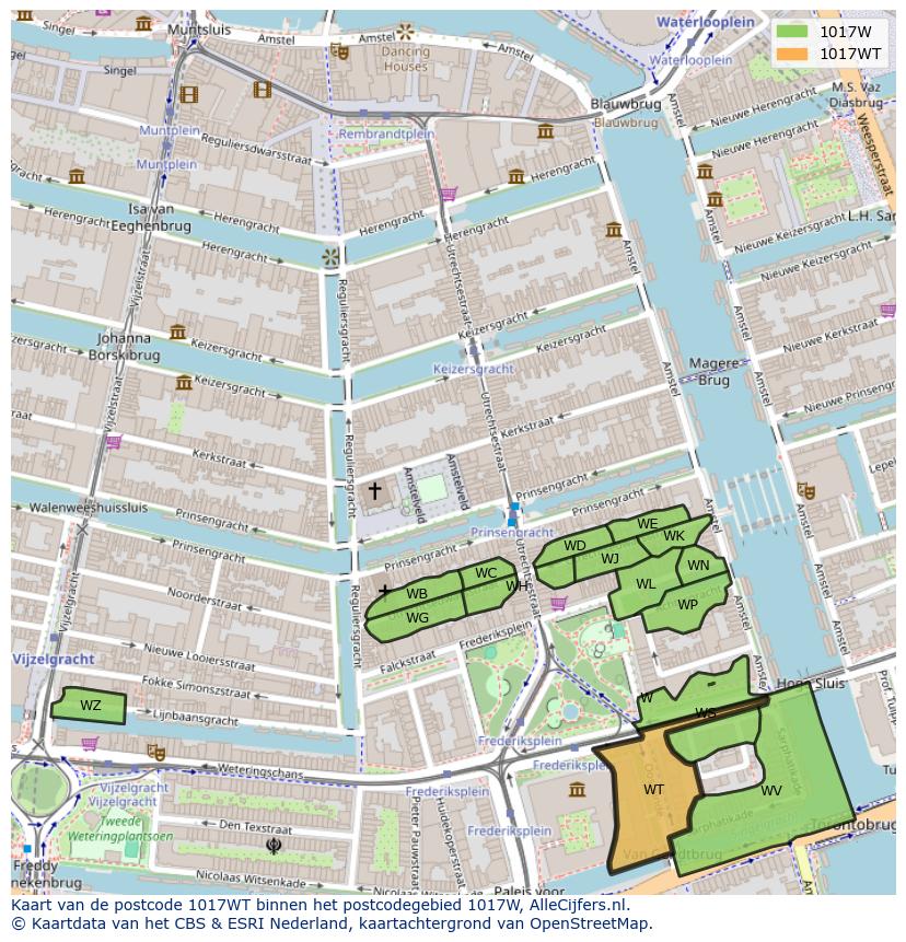 Afbeelding van het postcodegebied 1017 WT op de kaart.