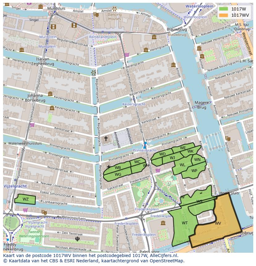 Afbeelding van het postcodegebied 1017 WV op de kaart.