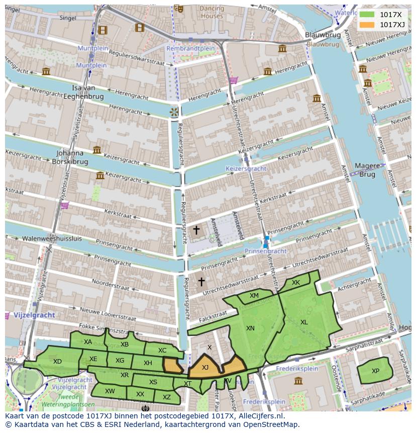 Afbeelding van het postcodegebied 1017 XJ op de kaart.