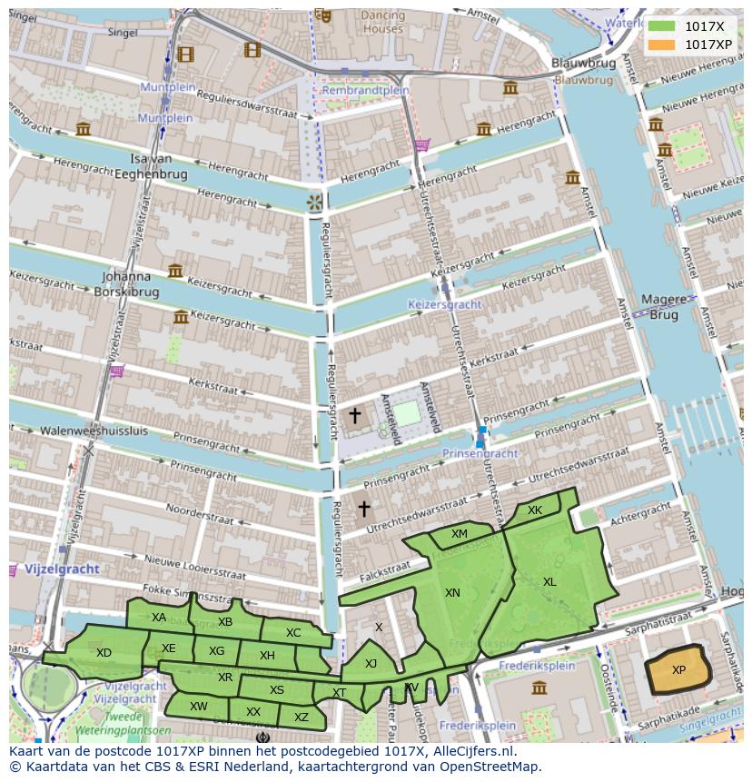 Afbeelding van het postcodegebied 1017 XP op de kaart.