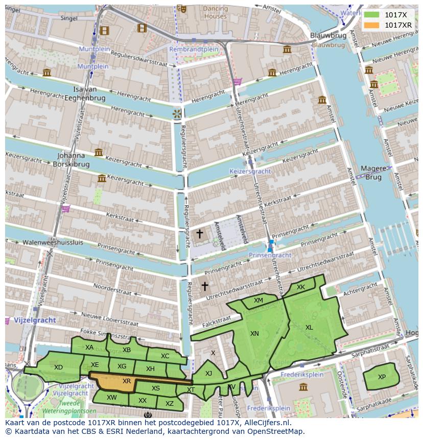 Afbeelding van het postcodegebied 1017 XR op de kaart.