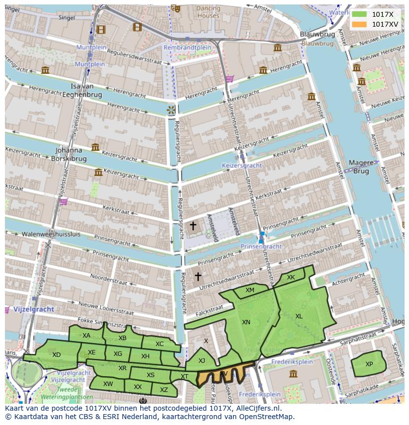 Afbeelding van het postcodegebied 1017 XV op de kaart.