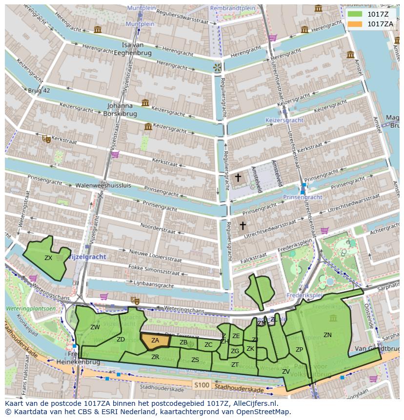 Afbeelding van het postcodegebied 1017 ZA op de kaart.