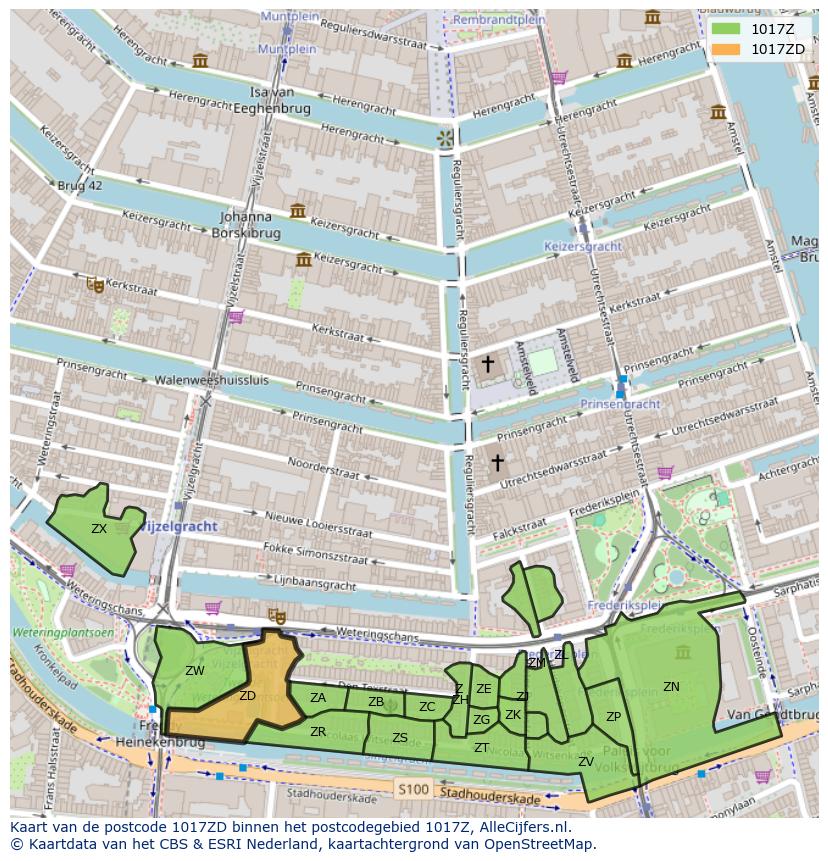 Afbeelding van het postcodegebied 1017 ZD op de kaart.