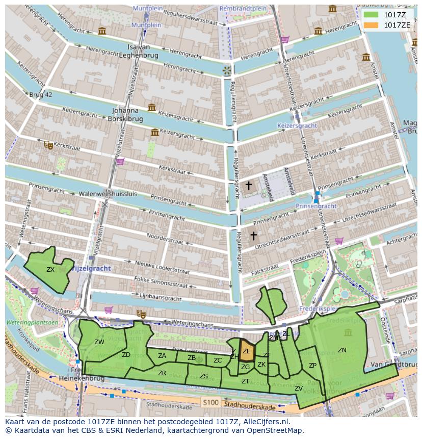 Afbeelding van het postcodegebied 1017 ZE op de kaart.