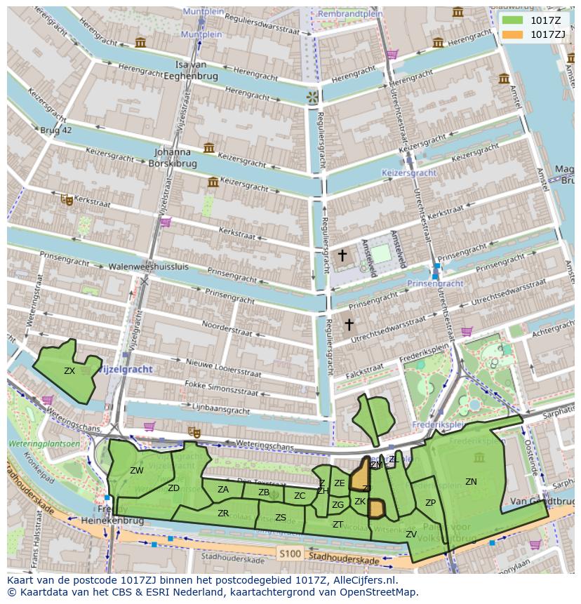 Afbeelding van het postcodegebied 1017 ZJ op de kaart.
