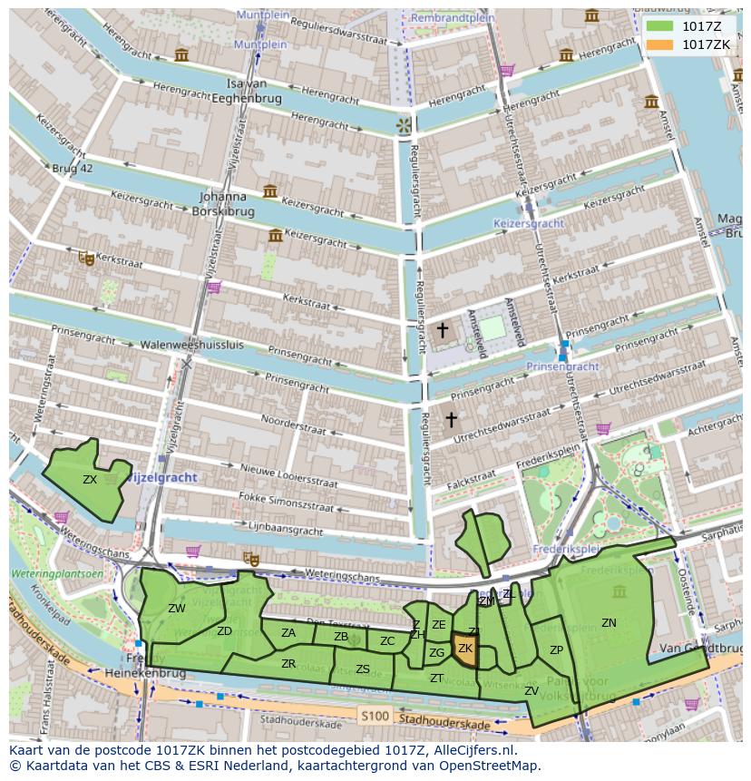 Afbeelding van het postcodegebied 1017 ZK op de kaart.