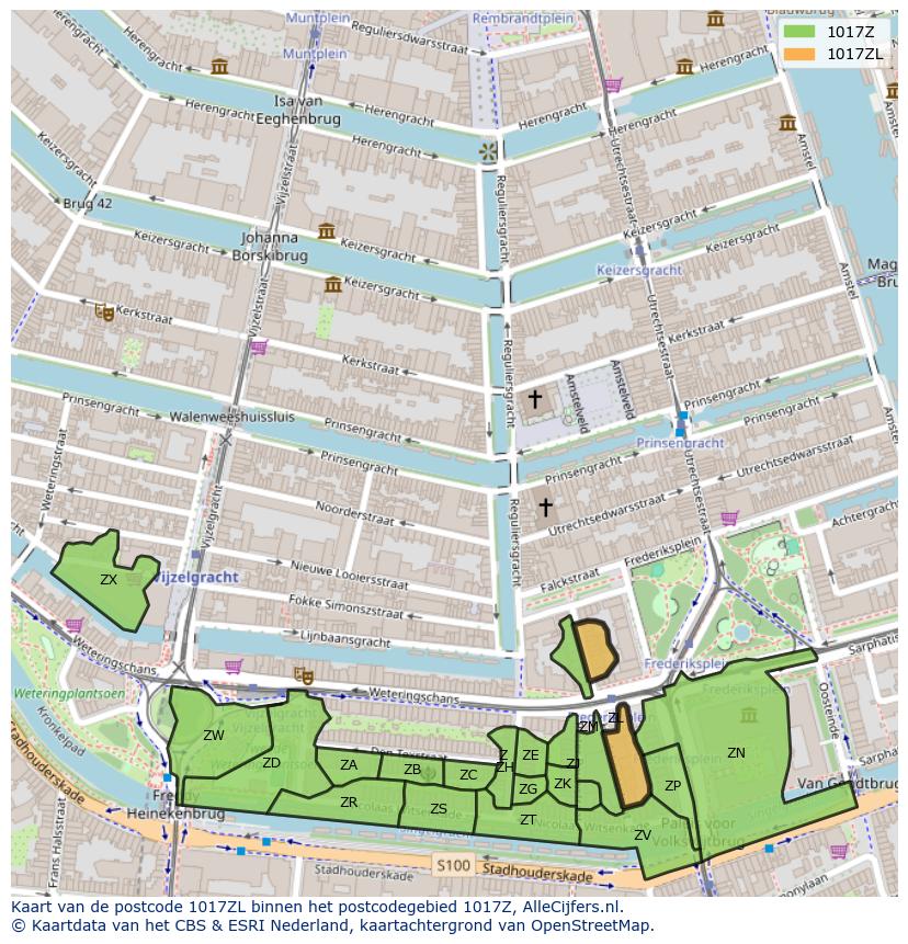 Afbeelding van het postcodegebied 1017 ZL op de kaart.