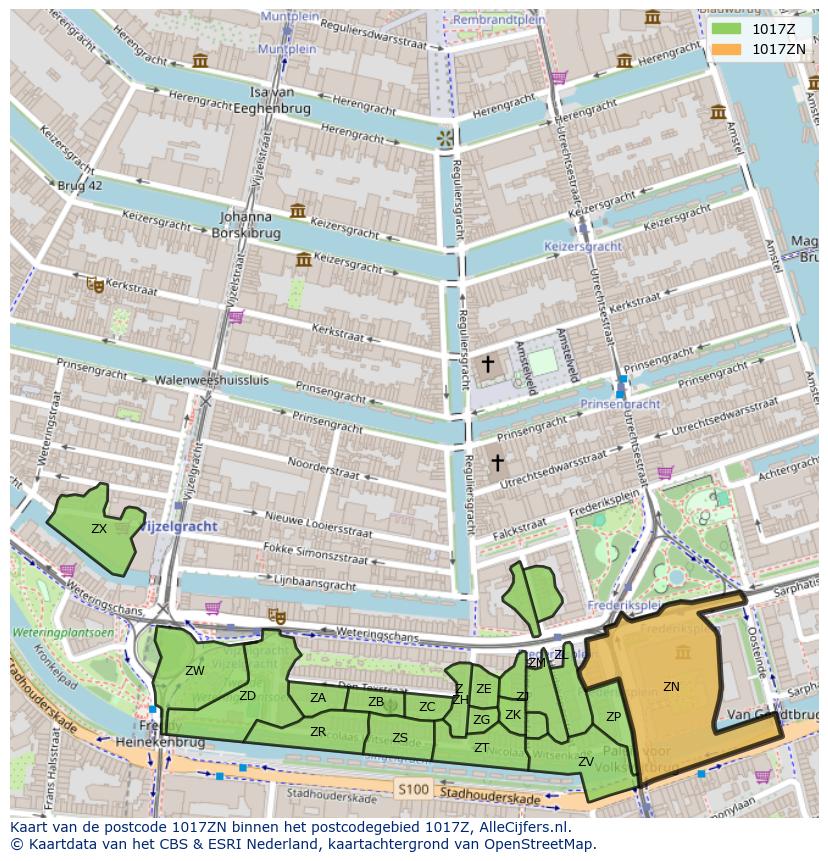Afbeelding van het postcodegebied 1017 ZN op de kaart.