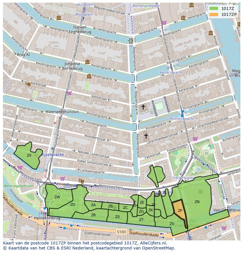 Afbeelding van het postcodegebied 1017 ZP op de kaart.